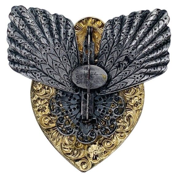 Vintage Jane Crystal Glass Large Gold Silver Tone Angel Heart Paisley Brooch - Picture 5 of 6